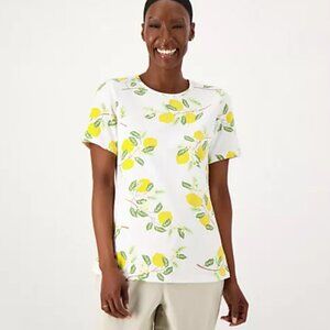 D&Co Size Large Printed Lemon Perfect Jersey Round Neckline Short Sleeve Top